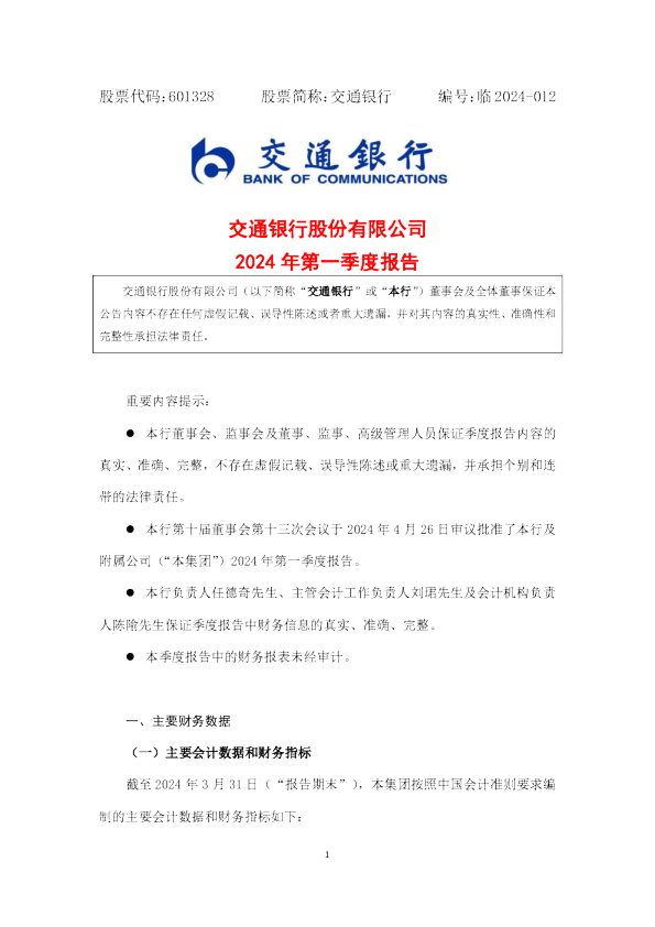 交通银行：交通银行2024年第一季度报告