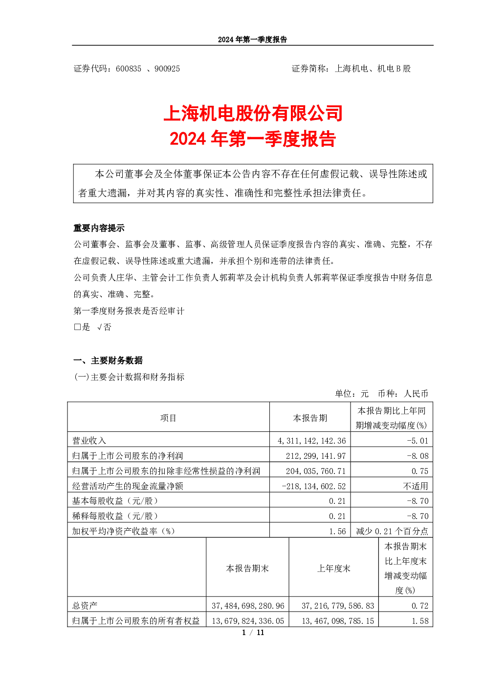 上海机电：上海机电2024年第一季度报告