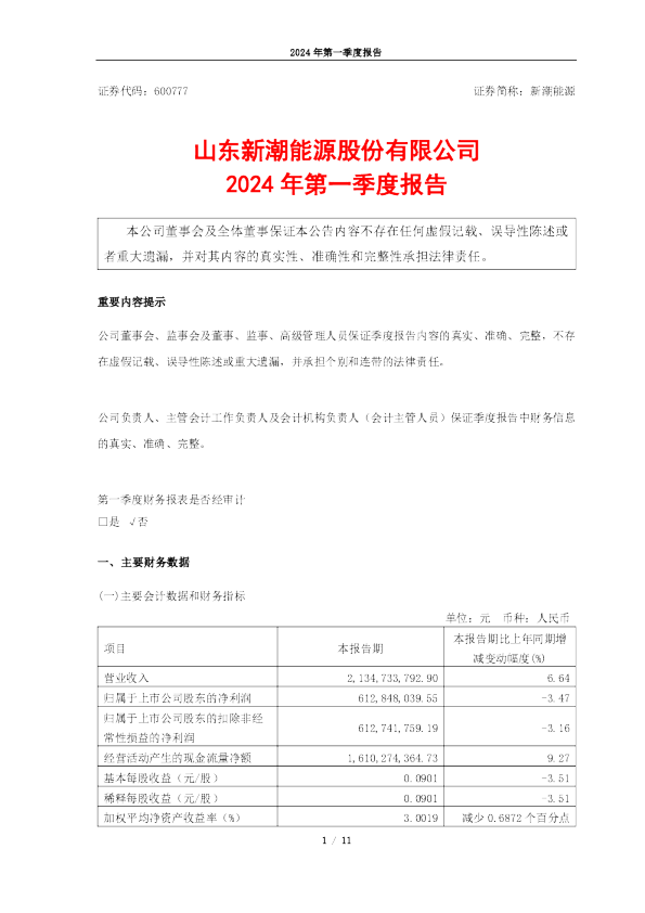 新潮能源:新潮能源2024年第一季度报告