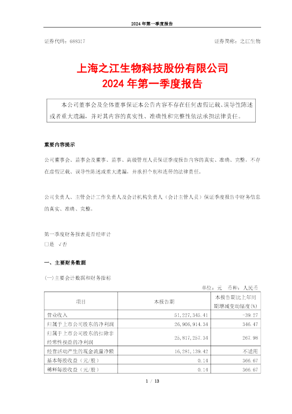 之江生物：之江生物：2024年第一季度报告