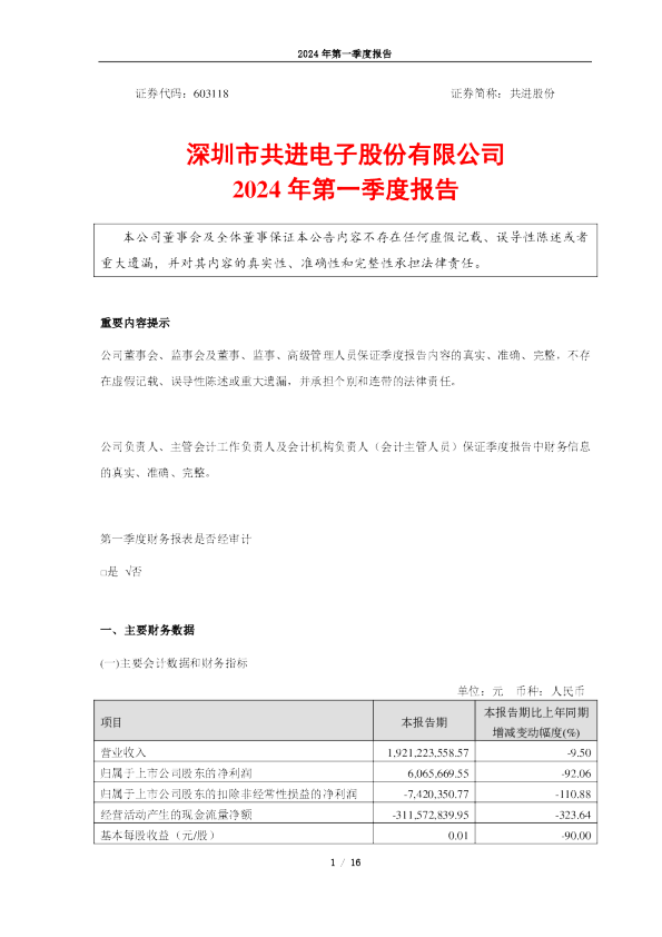共进股份：2024年第一季度报告