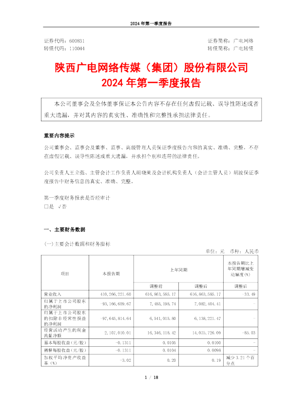 广电网络：2024年第一季度报告