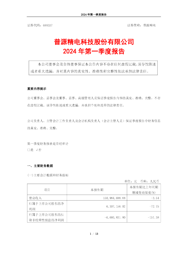 普源精电：普源精电科技股份有限公司2024年第一季度报告