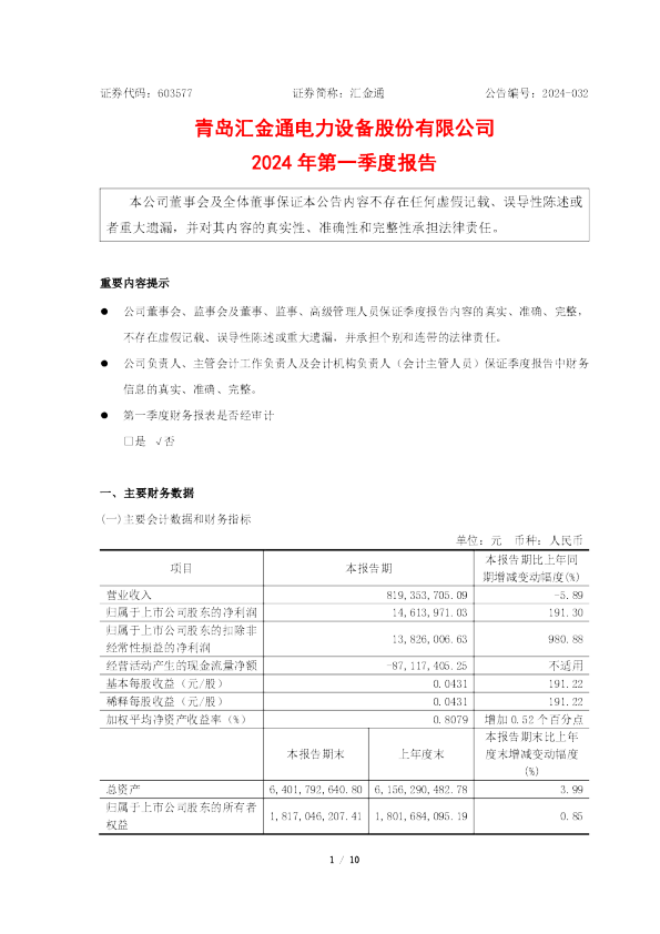 汇金通：汇金通2024年第一季度报告
