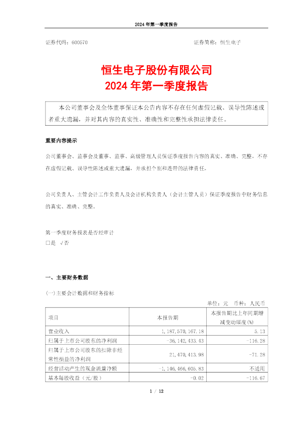 恒生电子：恒生电子股份有限公司2024年第一季度报告