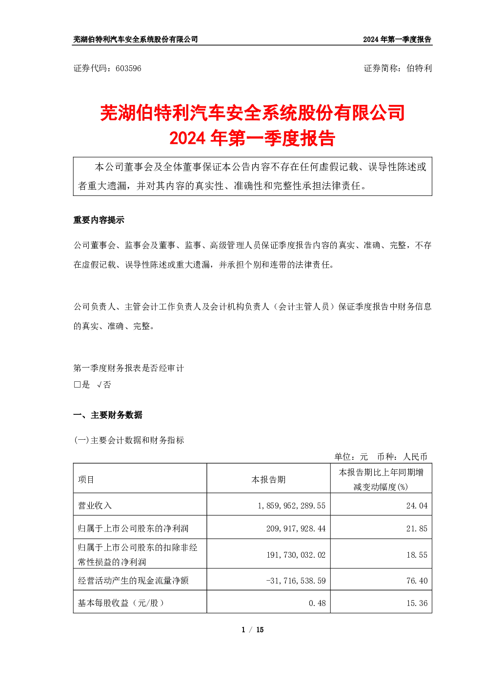 伯特利：伯特利2024年一季度报告