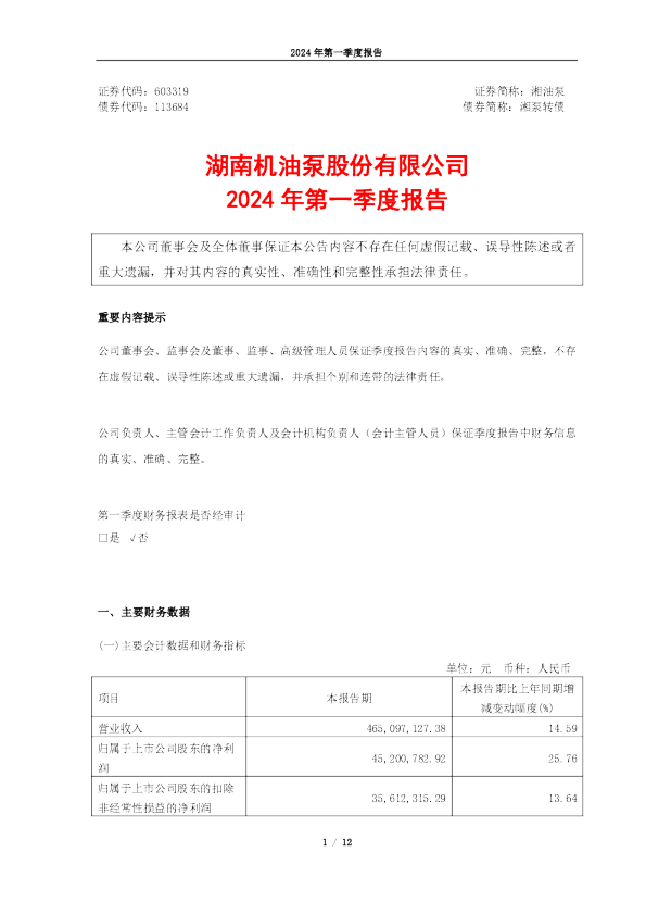 湘油泵：2024年第一季度报告