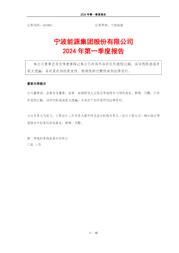 宁波能源：宁波能源2024年第一季度报告
