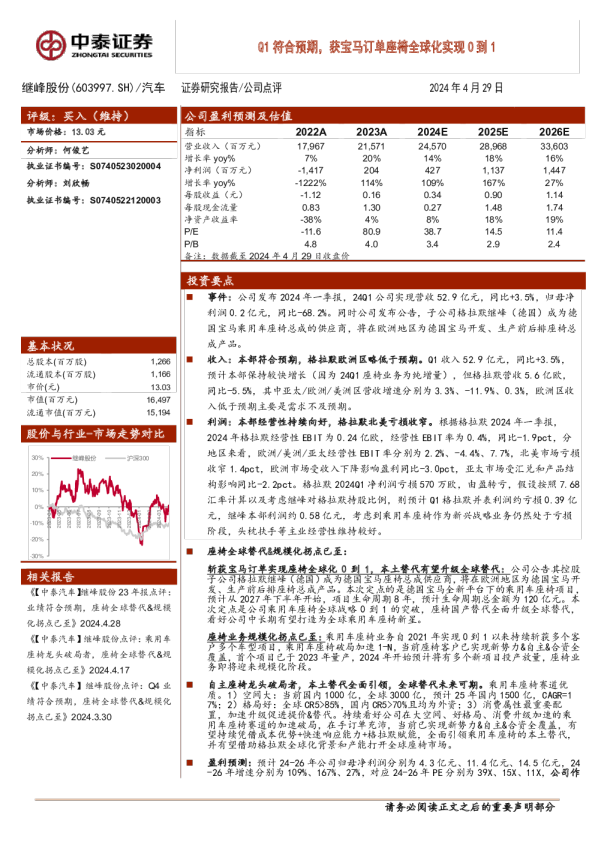 Q1符合预期，获宝马订单座椅全球化实现0到1