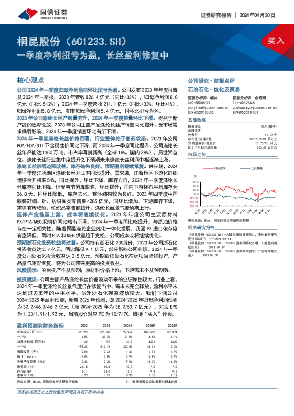 一季度净利扭亏为盈，长丝盈利修复中