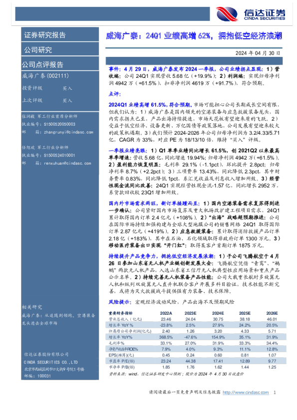 威海广泰：24Q1业绩高增62%，拥抱低空经济浪潮