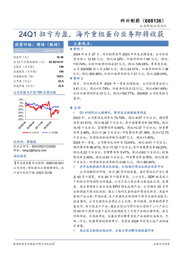 24Q1扭亏为盈，海外重组蛋白业务即将收获