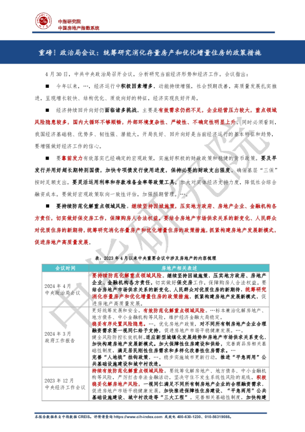 中指丨重磅！政治局会议：统筹研究消化存量房产和优化增量住房的政策措施