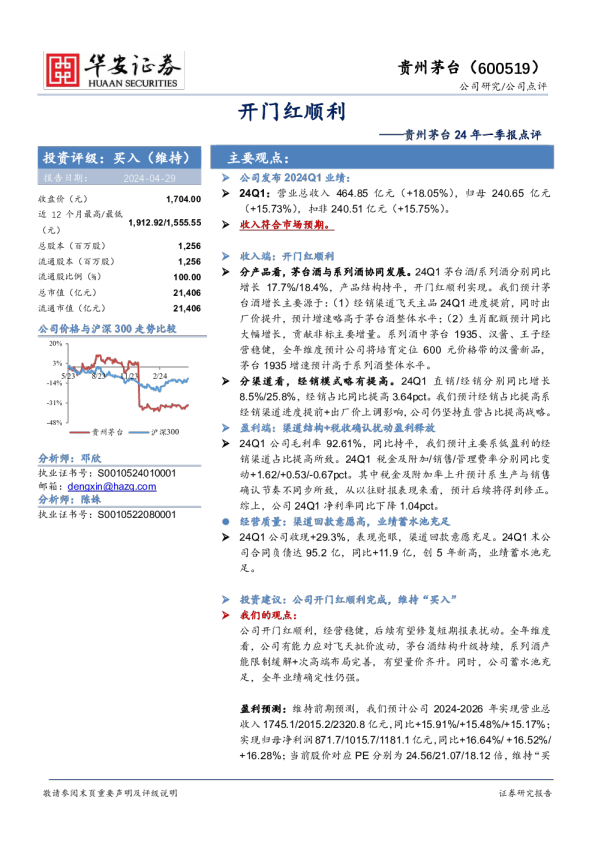 贵州茅台24年一季报点评：开门红顺利