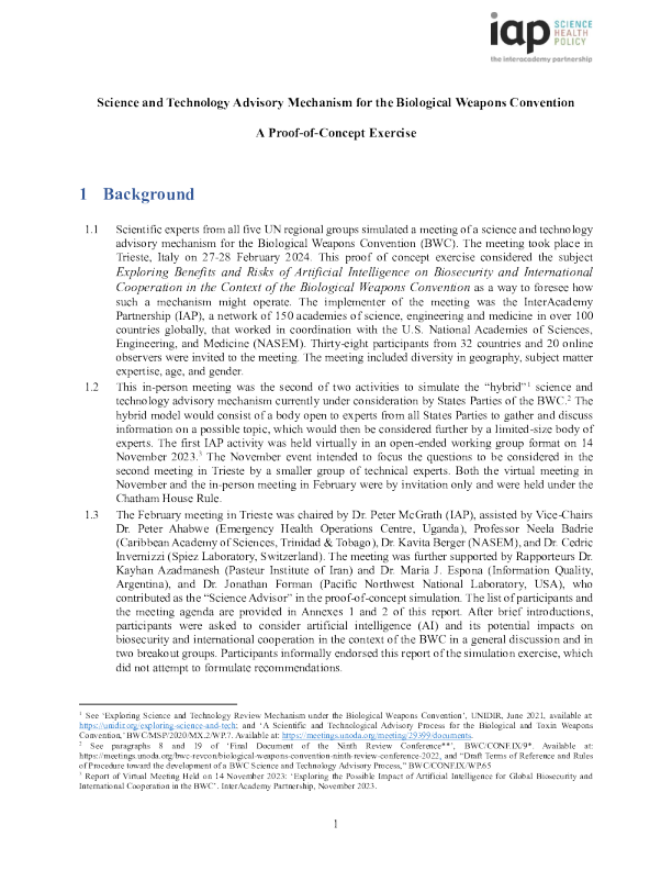 《生物武器公约》科学和技术咨询机制 ， 概念验证演习