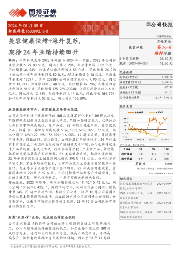 美容健康快增+海外复苏，期待24年业绩持续回升