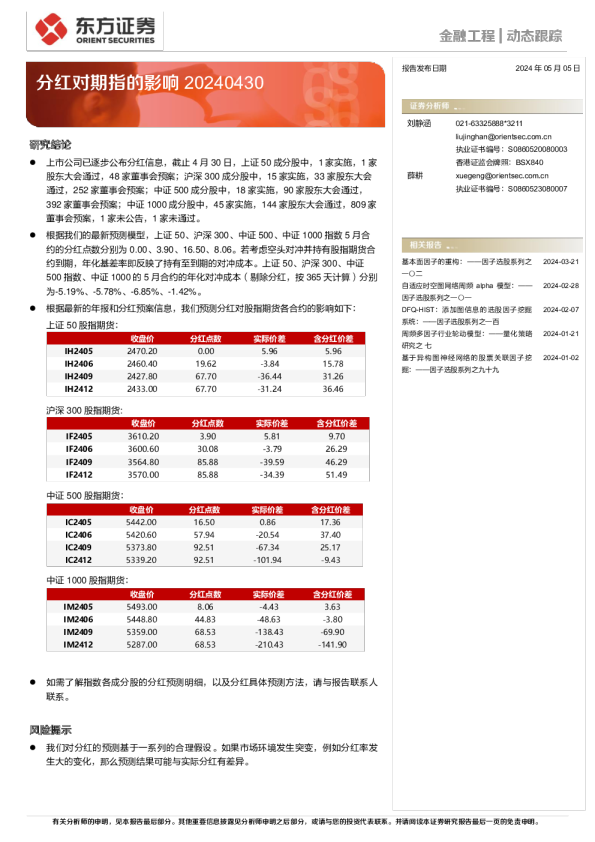 分红对期指的影响20240430
