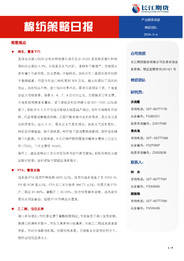 长江期货棉纺策略日报