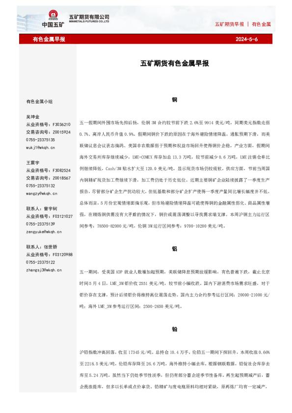 五矿期货早报有色金属