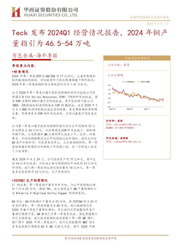 Teck发布2024Q1经营情况报告，2024年铜产量指引为46.5-54万吨