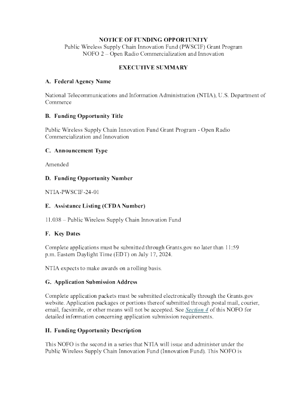 Funds Opportunity Notice (NOFO 2) - Open Broadcasting Commercialization and Innovation