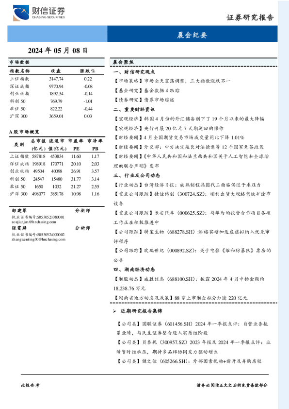 财信证券晨会纪要
