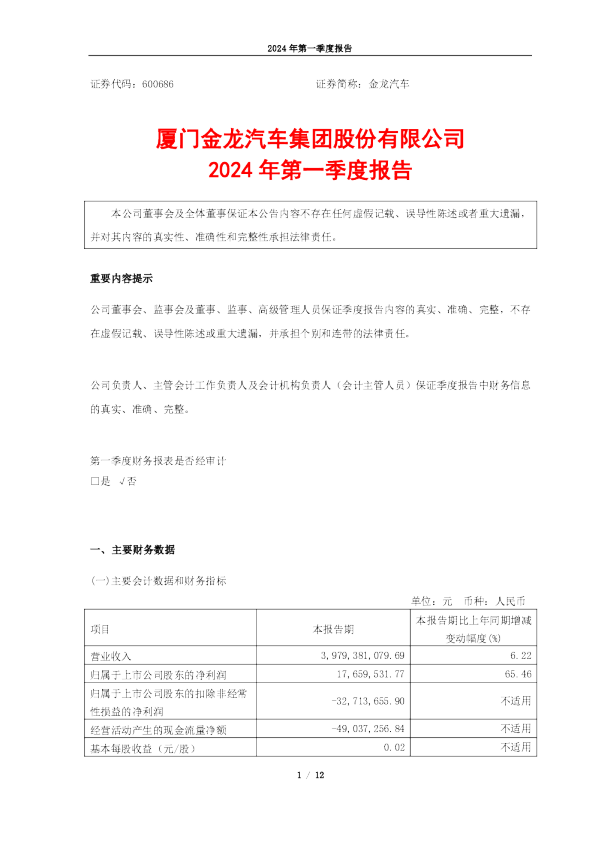 金龙汽车：金龙汽车2024年第一季度报告（更正后）
