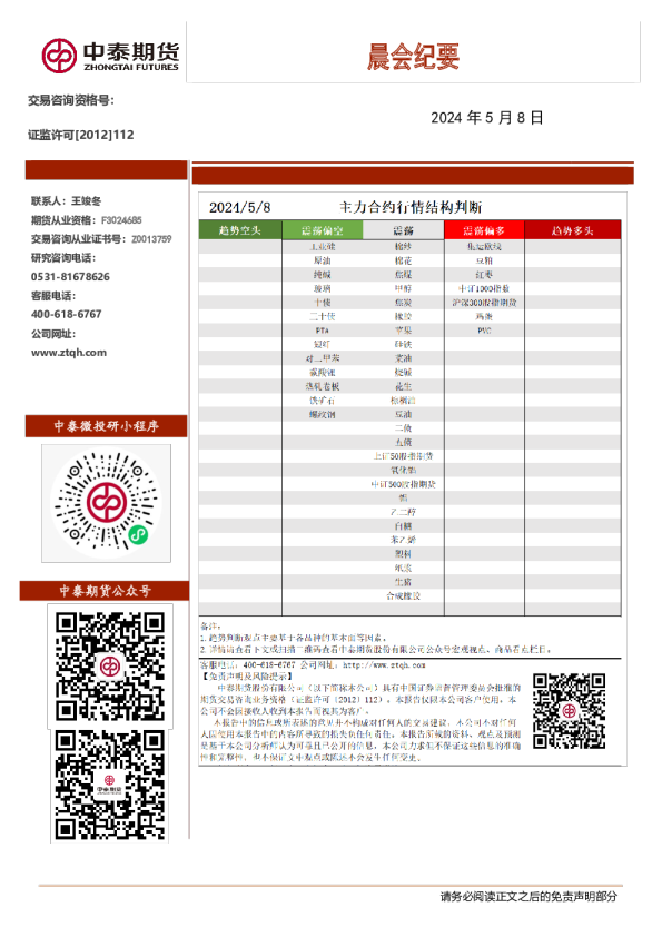 中泰期货晨会纪要