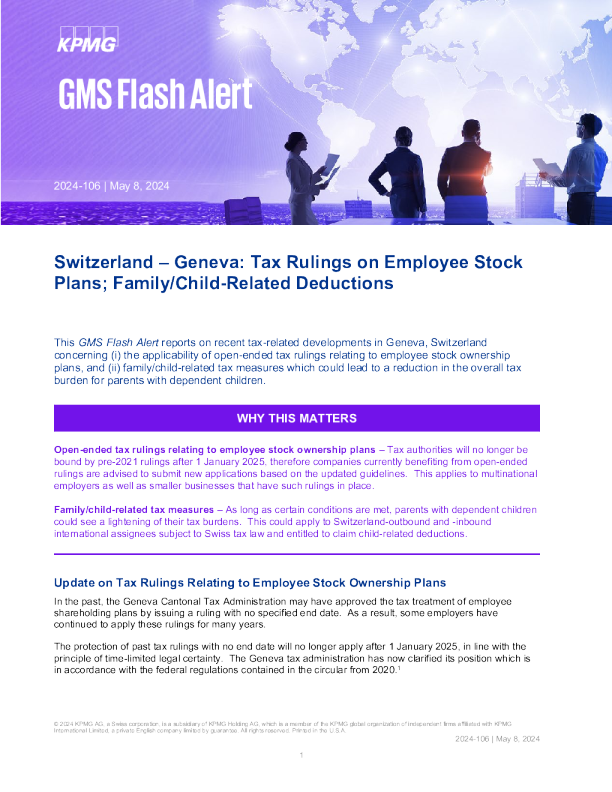 瑞士 - 日内瓦 ： 员工股票计划的税收裁定 ； 与家庭子女相关的扣除
