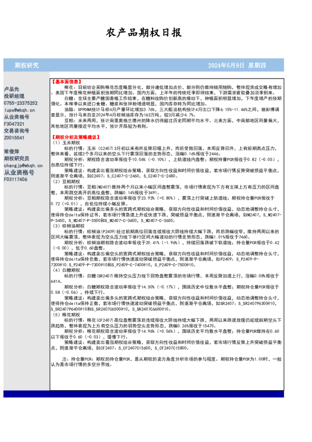 农产品期权日报