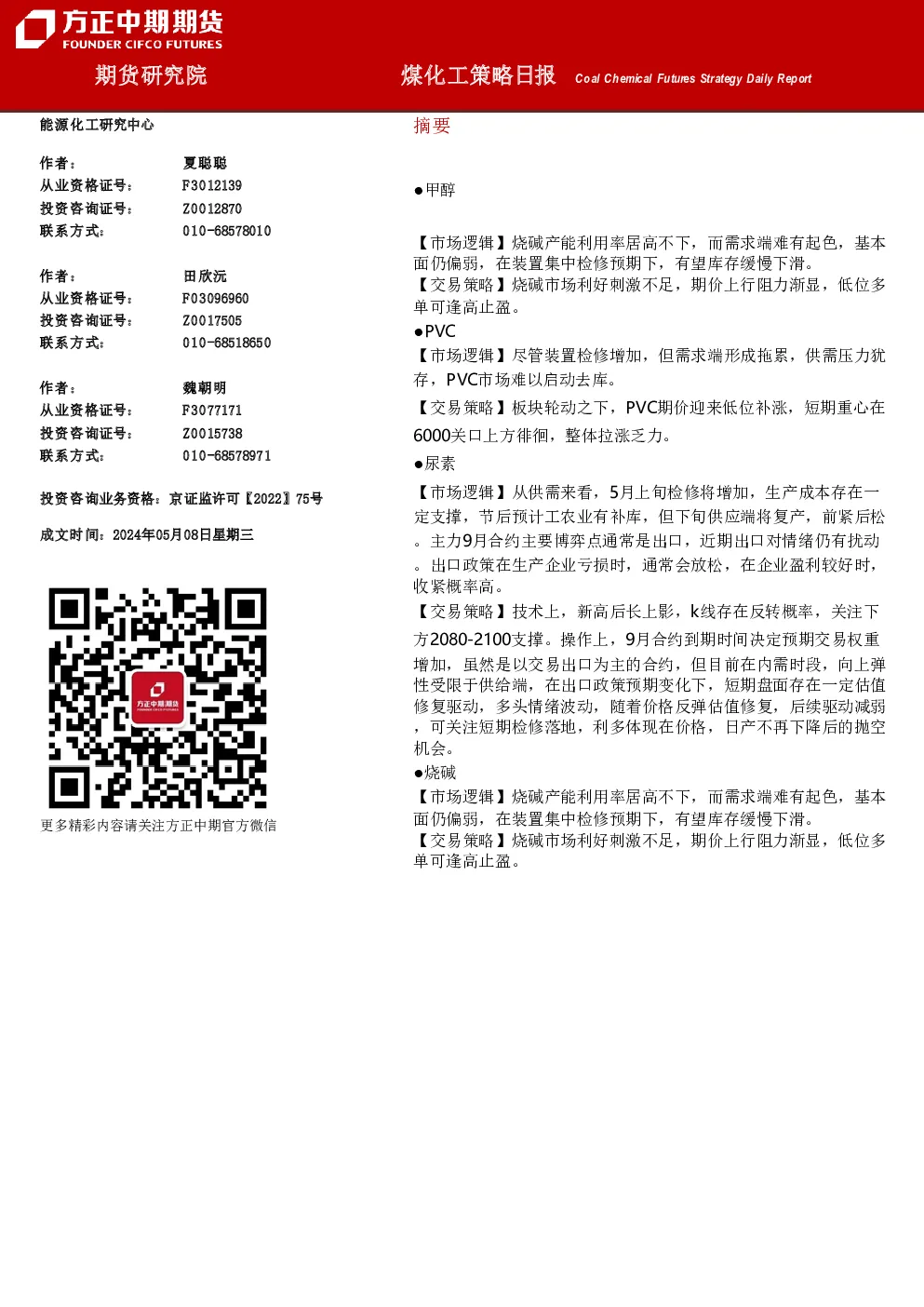 煤化工策略日报