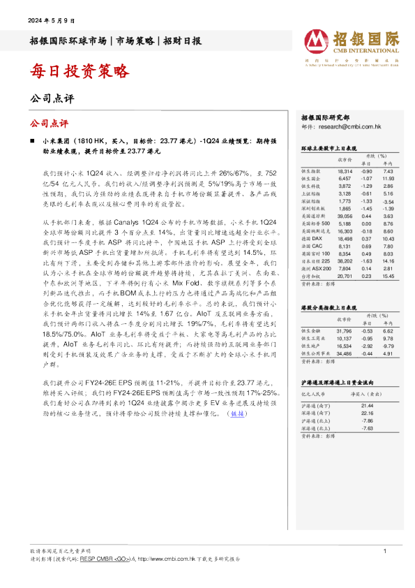 招银国际每日投资策略