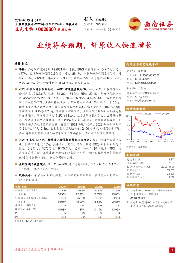 业绩符合预期，纤原收入快速增长