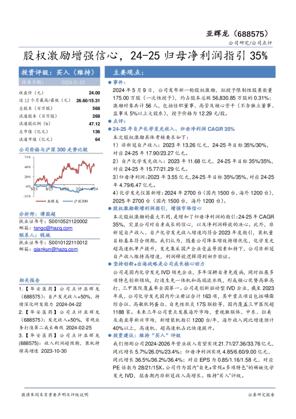 股权激励增强信心，24-25归母净利润指引35%
