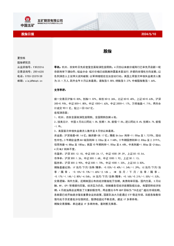 五矿期货股指日报
