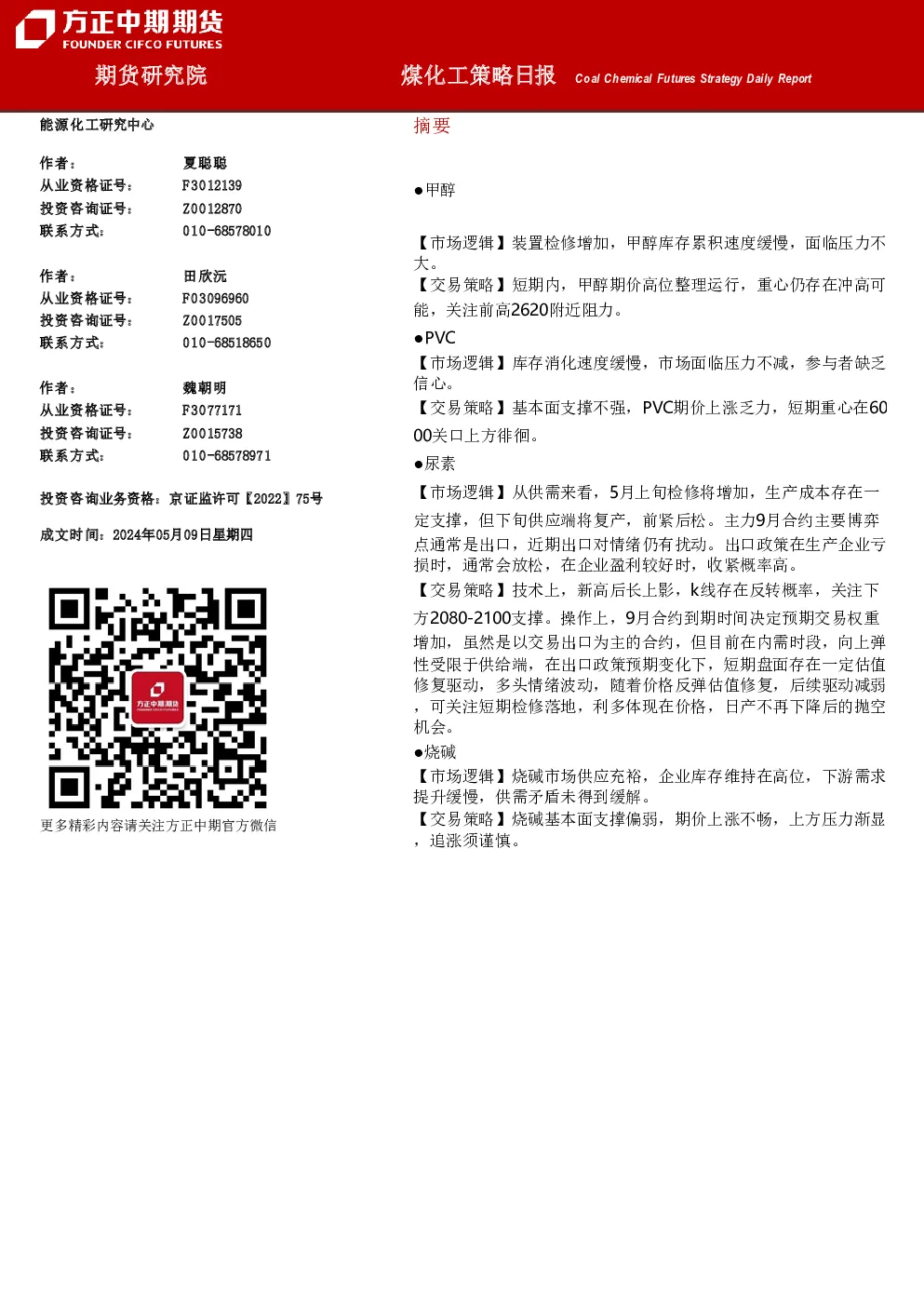 煤化工策略日报