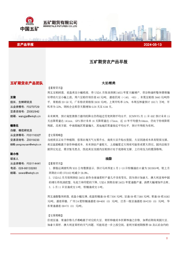 五矿期货农产品早报