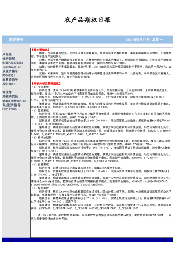 农产品期权日报
