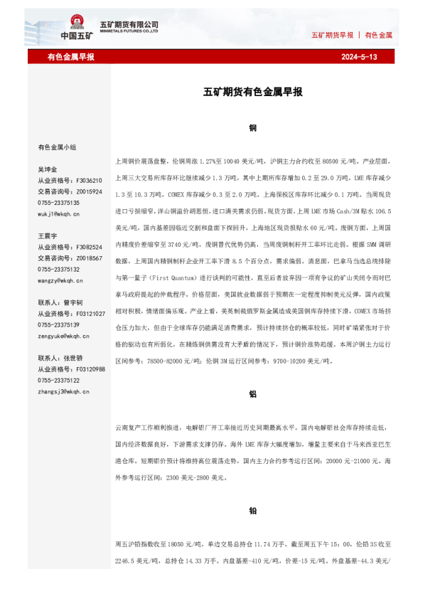 五矿期货早报有色金属