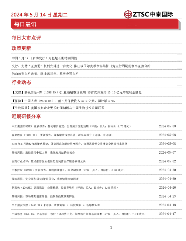 中泰国际每日晨讯