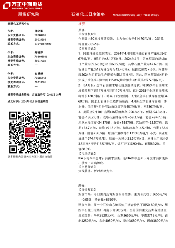 方正中期期货石油化工日度策略