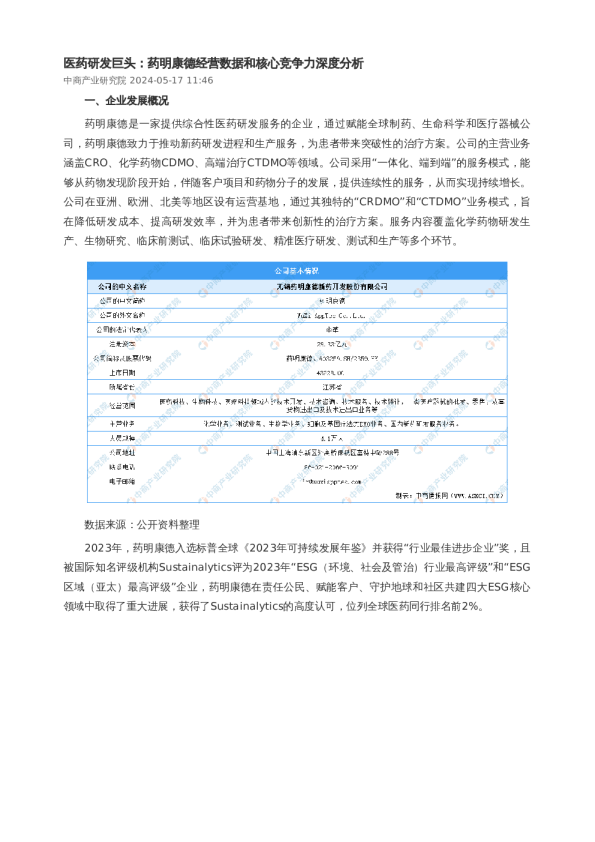 医药研发巨头:药明康德经营数据和核心竞争力深度分析
