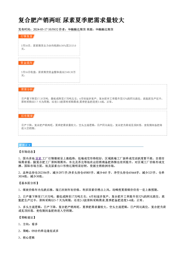 复合肥产销两旺 尿素夏季肥需求量较大