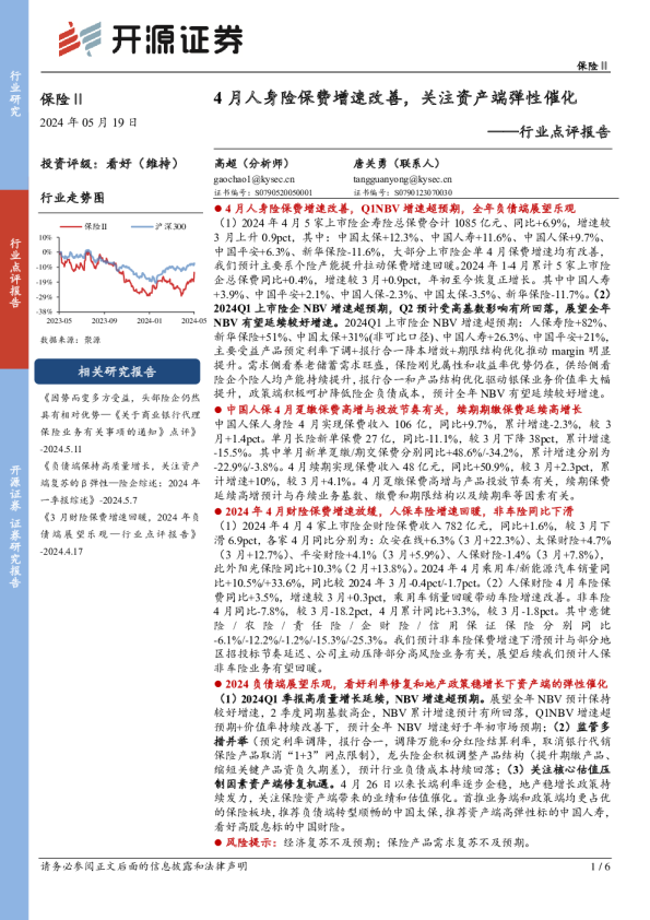 4月人身险保费增速改善，关注资产端弹性催化