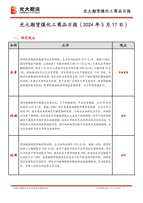 光大期货煤化工商品日报