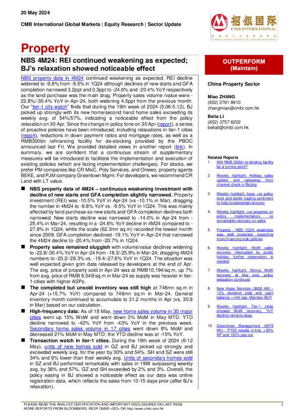 属性 ： NBS 4M24 ： REI 按预期继续减弱 ； BJ 的松弛显示出明显的效果