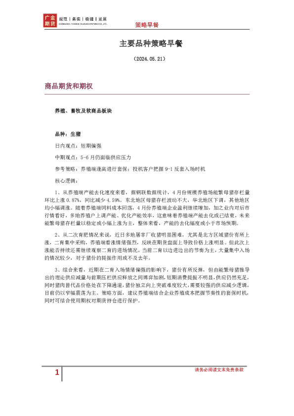 主要品种策略早餐