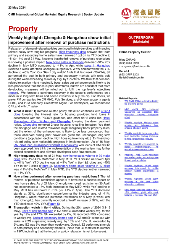 每周亮点 ： 取消限购后 ， 成都和杭州呈现初步改善