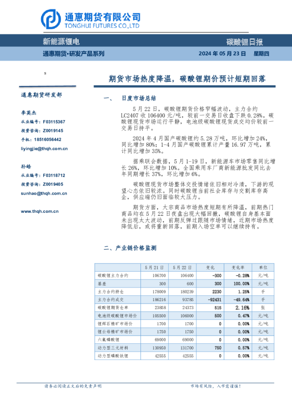 碳酸锂日报：期货市场热度降温，碳酸锂期价预计短期回落