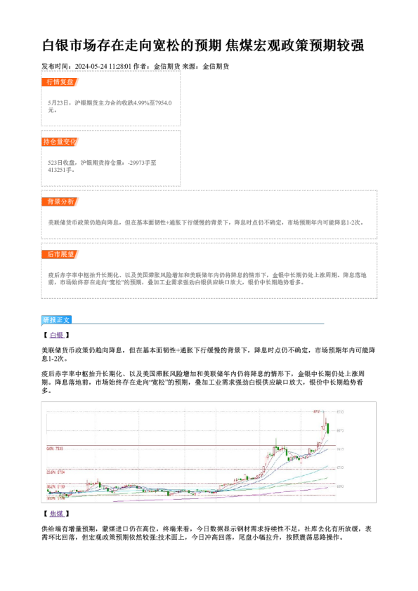 白银市场存在走向宽松的预期 焦煤宏观政策预期较强